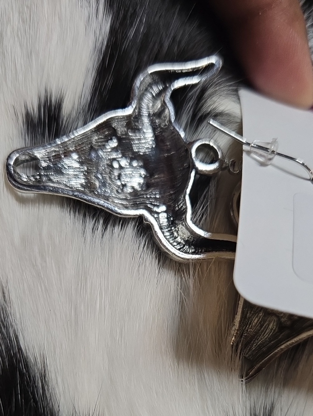 EMMA Silver Bull Skull Dangle Earrings with Turquoise Accent NWT - Picture 3 of 3